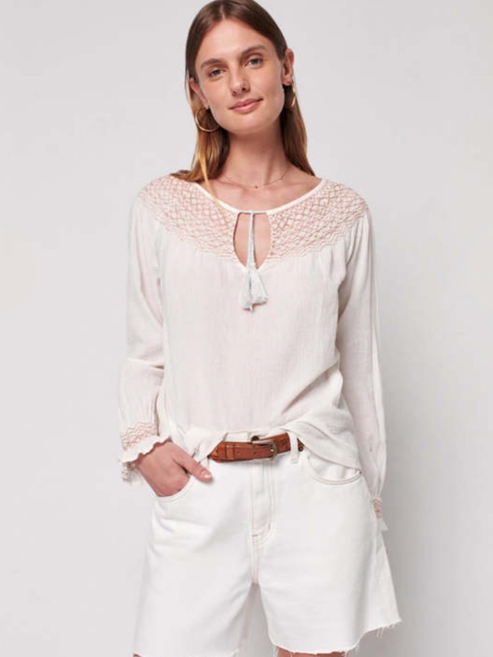 FAHERTY Laura Embroidered Top in Whisper White Smocked Neck‎ Peasant size XS